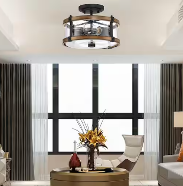 1-Light Vintage Black Brown Farmhouse Rustic Chandelier with Clear Seeded Glass Shade