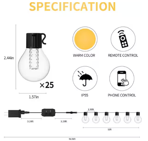 AVATAR CONTROLS 50 ft. Smart Plug-In Dimmable Outdoor String Light with 25 LED G40 Bulbs 1-Pack