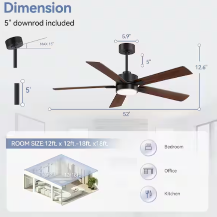 Breezary Charlie 52 in. Integrated LED Indoor Black Ceiling Fans with Light and Remote Control Included