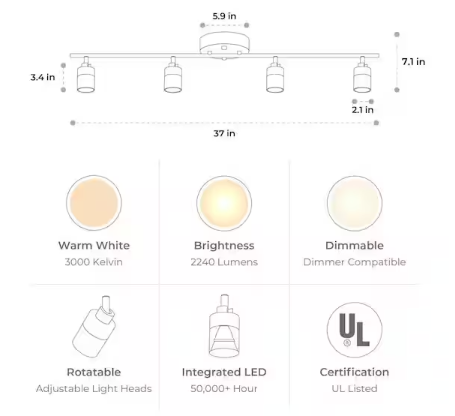 Vidalite Shura 4-Light Black Integrated LED Track Light with Rotatable Heads, 3 ft. Fixed Track Lighting Kit, 3000k, 2240 Lumens
