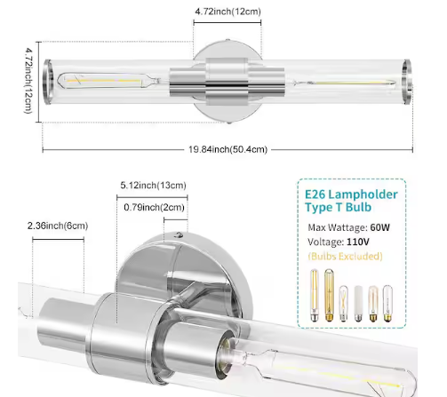 Deyidn 19.84 in. 2-Light Chrome Vanity Lights Fixtures with Clear Glass Shape Wall Mount Lamp for Bathroom, Living Room