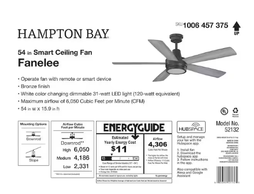 Hampton Bay Fanelee 54 in. White Color Changing LED Bronze Smart Ceiling Fan with Light Kit and Remote Powered by Hubspace