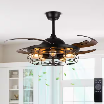 ANTOINE 48 in. Indoor Farmhouse Retractable Ceiling Fan with Light Black Caged Ceiling Fan Light with Remote
