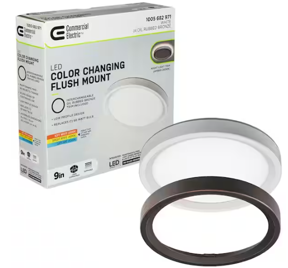 Commercial Electric 9 in. White, Oil Rubbed Bronze Trims 800 Lumens LED Flush Mount Ceiling Light Fixture with Night Light Adjustable CCT
