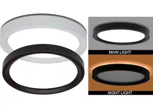 Commercial Electric 7.5 in. Round White Oil Rubbed Bronze Trims LED Flush Mount Ceiling Light Adjustable 3000K 4000K 5000K with Night Light