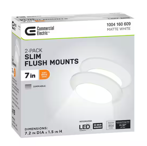 Commercial Electric 7 in. Matte White Slim LED Flush Mount 854 Lumens Soft White 3000K Indoor Bedroom Closet Kitchen Lighting (2-Pack)