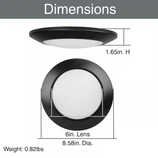 Commercial Electric 1-Pack 6 in. LED Surface Mount Downlight Flush Mount Disk Light, 600-900-1100LM, Selectable CCT 2700K-5000K, Black