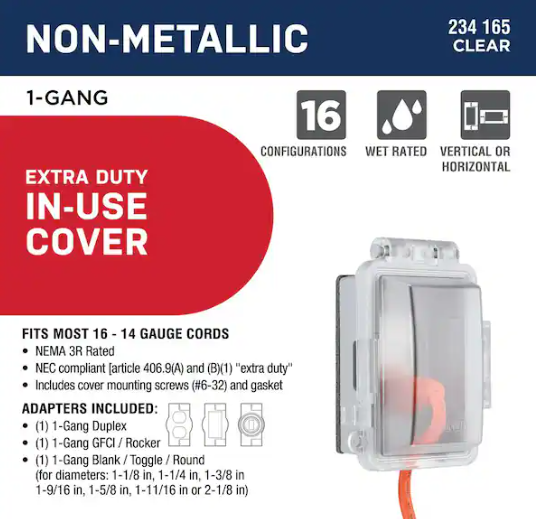 Commercial Electric 1-Gang Extra Duty Horizontal/Vertical Non-Metallic Weatherproof In-Use Outlet Cover (16-in-1-Configurations), Clear