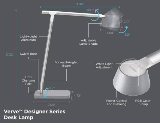 BLACK+DECKER Verve Designer Smart Desk Lamp, Works with Alexa, Auto-Circadian Mode, True White LED+16M RGB Colors, USB Charging Port