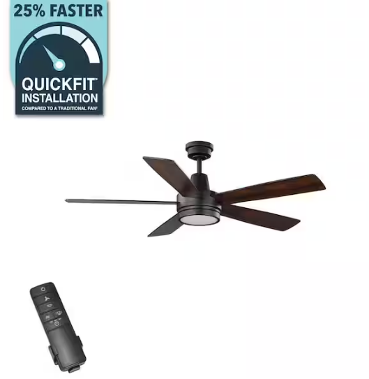 Hampton Bay- Fanelee 54 in. White Color Changing LED Matte Black Smart Ceiling Fan with Light Kit and Remote Powered by Hubspace