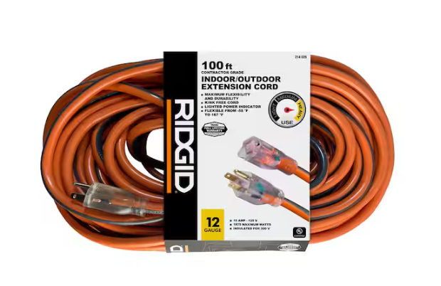 RIDGID 100 ft. 12/3 Heavy Duty Indoor/Outdoor Extension Cord with Lighted End, Orange/Grey