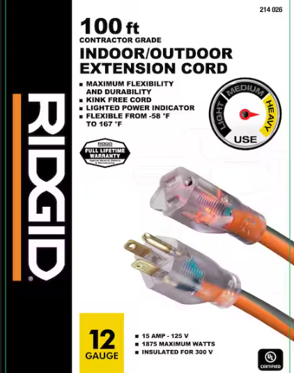 RIDGID 100 ft. 12/3 Heavy Duty Indoor/Outdoor Extension Cord with Lighted End, Orange/Grey