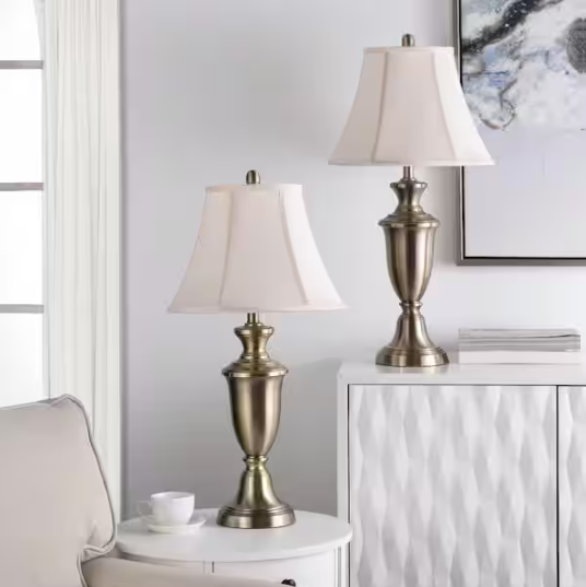 StyleCraft 30.5 in. Antique Brass Table Lamp with White Softback Silk Fabric Shade