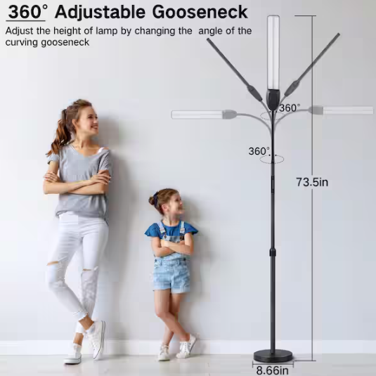 BICIK 73.5 in. Black Standard LED Floor Lamp with Dual Head, Adjustable Height, Color Temperatures for Living Room