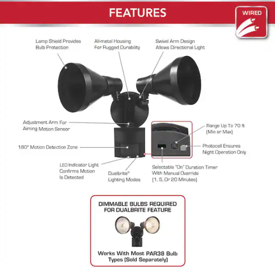 Defiant PAR 180 Degree Black Motion Sensor Wired Outdoor 2-Head Dusk-to-Dawn Security Flood Light