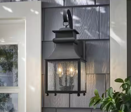 Home Decorators Collection Rainbrook 24 in. 2-Light Matte Black Extra Large Outdoor Wall Light Fixture with Seeded Glass