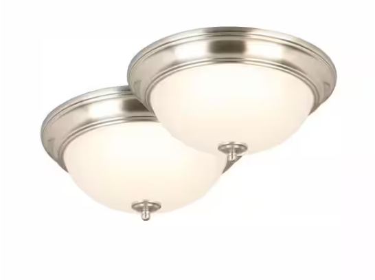 Commercial Electric 13 in. 180-Watt Equivalent Brushed Nickel Integrated LED Flush Mount with Frosted Glass Shade (2-Pack)