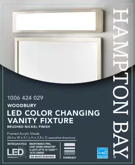 Hampton Bay Woodbury 24.6 in. 1-Light Brushed Nickel Integrated LED Bathroom Vanity Light Bar with Frosted Acrylic Shade