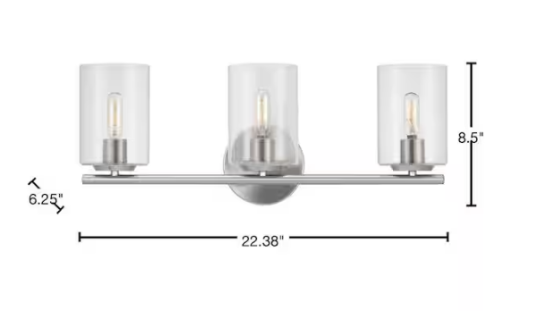 Hampton Bay Champlain 22.375 in. 3-Light Brushed Nickel Modern Bathroom Vanity Light with Clear Glass Shades