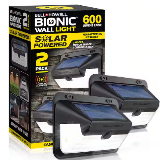 Bell + Howell 9-Watt Equivalent 600 Lumens Integrated LED Black Motion Activated Integrated LED Solar Bionic Wall Pack Light (2-Pack)