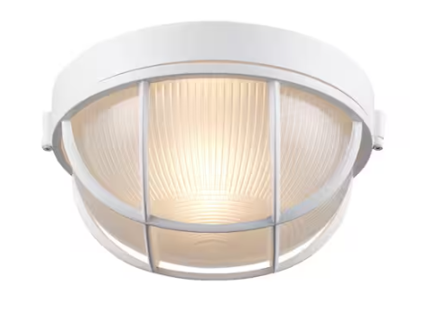 Bel Air Lighting Aria 10 in. 1-Light White Round Bulkhead Outdoor Wall Light Fixture with Frosted Glass