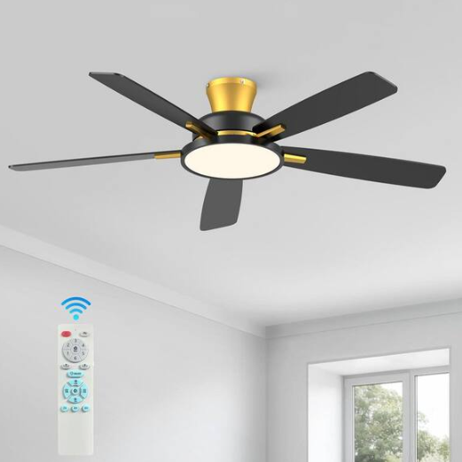 QRMOK T5 52 in. Indoor Ceiling Fan with Light, Ultra Silent Ceiling Fan with 3-CCT Light, Reversible Blades Black and Gold