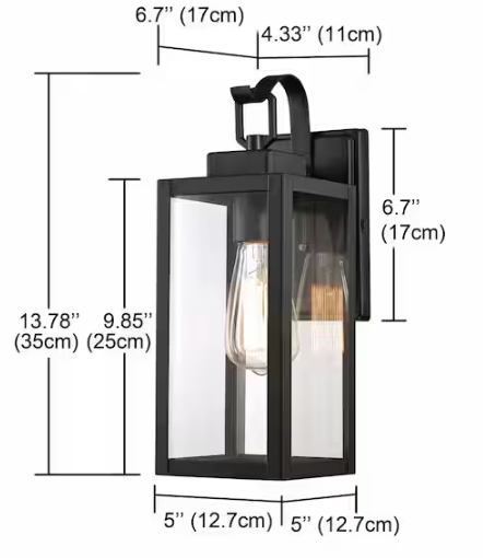 Pia Ricco 13.75 in. Modern Matte Black Hardwired Outdoor Wall Light Lantern Sconce with Clear Glass Shade (No Bulb Included)
