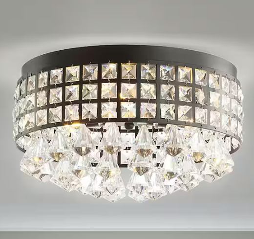 JONATHAN Y Meredith 14.5 in. 3-Light Crystal Drops/Metal LED Flush Mount, Black