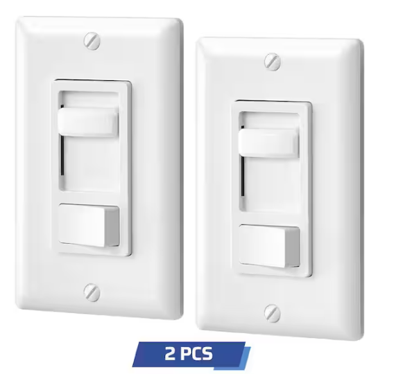 DEWENWILS White On/Off Rocker Switch, Single-Pole/3-Way Dimmer Switch for CFL, Halogen, Incandescent, LED, 2-Pack