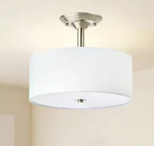 Merra 13 in. 2-Light Brushed Nickel Semi-Flush Mount Light with Fabric Drum Shade