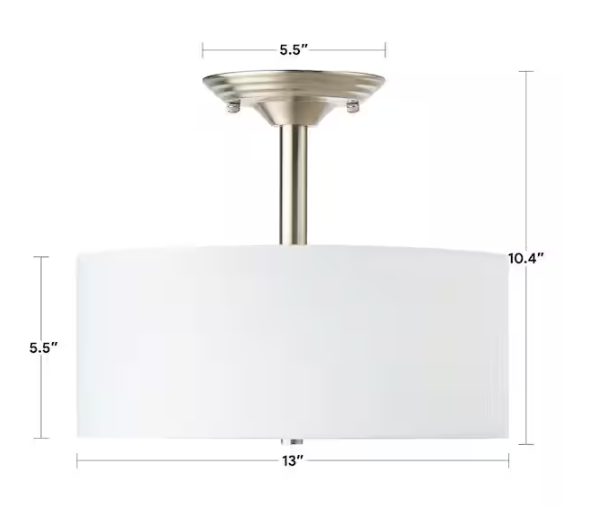 Merra 13 in. 2-Light Brushed Nickel Semi-Flush Mount Light with Fabric Drum Shade
