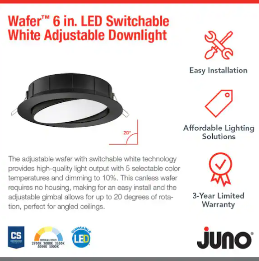 Juno WF6 ADJ 6 in. Selectable Color Temperature New Construction or Remodel Matte Black Recessed Integrated LED Gimbal Kit