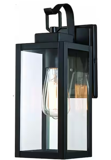 Pia Ricco 13.75 in. Modern Matte Black Hardwired Outdoor Wall Light Lantern Sconce with Clear Glass Shade (No Bulb Included)
