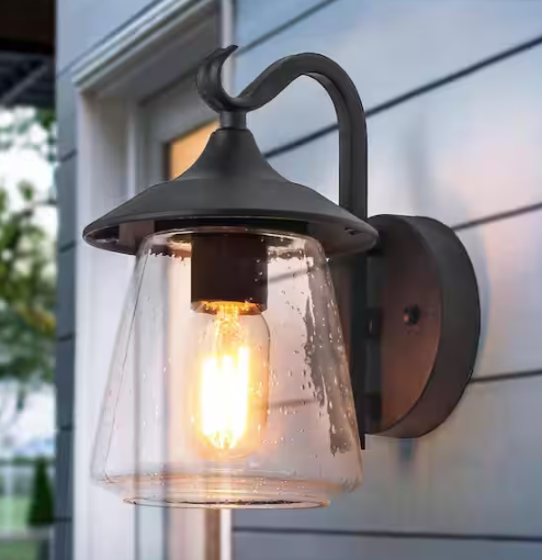 LNC Modern Frosted Black Porch Outdoor Wall Sconce 1-Light Classic Exterior Lantern with Mushroom Clear Seeded Glass Shade