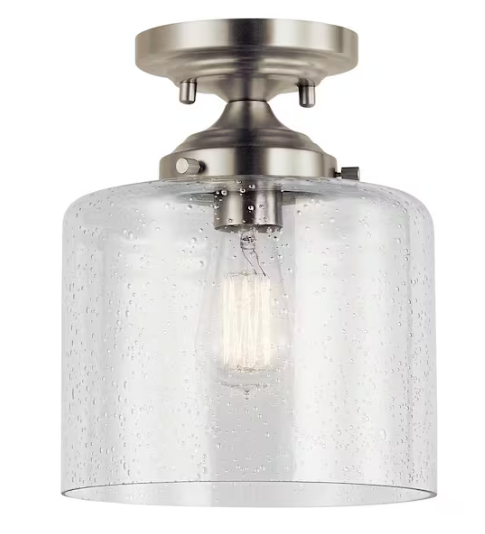 KICHLER Winslow 8.5 in. 1-Light Brushed Nickel Hallway Contemporary Semi-Flush Mount Ceiling Light with Clear Seeded Glass
