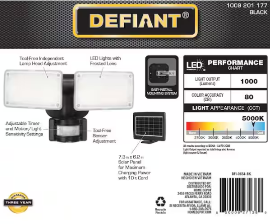 Defiant 180° Black Motion Sensor Solar Powered Outdoor 2-Head LED Security Flood Light 1000 Lumens