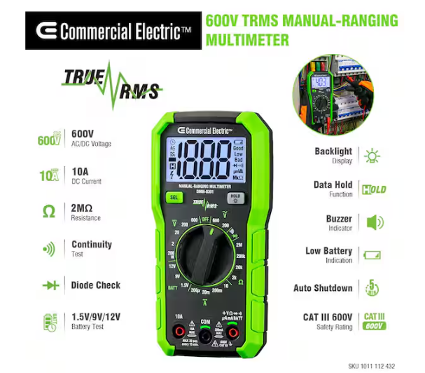 Commercial Electric 600-Volt True RMS Manual-Ranging Digital Multimeter
