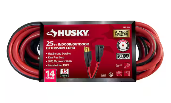 Husky 25 ft. 14/3 Medium Duty Indoor/Outdoor Extension Cord, Red/Black