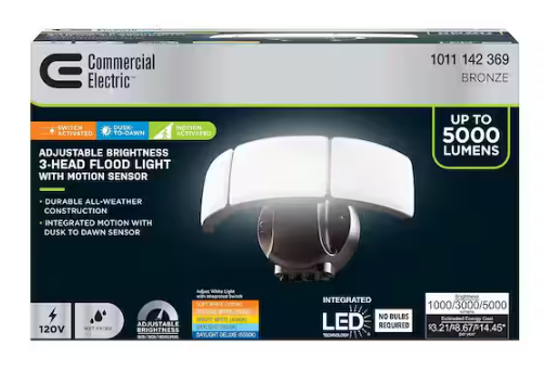 Commercial Electric 1000/3000/5000 Lumen Select Integrated LED Selectable 5CCT Bronze Dusk to Dawn or Motion Sensing Flood Light