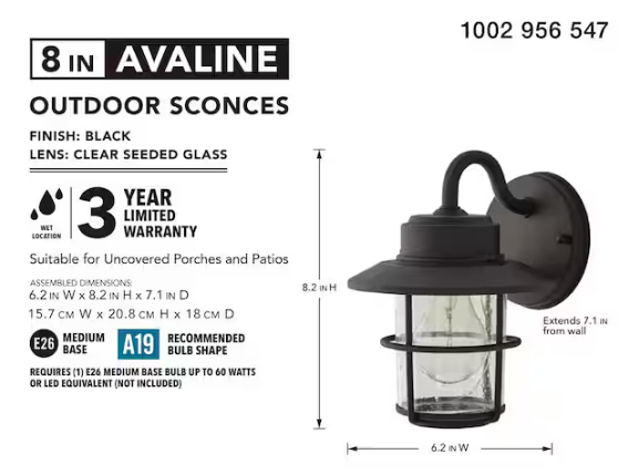 Hampton Bay 8.2 in. 1-Light Black Outdoor Wall Light Lantern Porch or Patio Sconce (2-Pack)