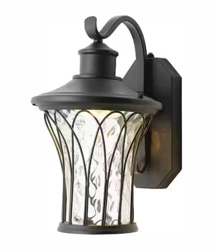 Home Decorators Collection Avia Falls 14.5 in. Black Dusk to Dawn Large LED Outdoor Wall Light Fixture with Clear Water Glass