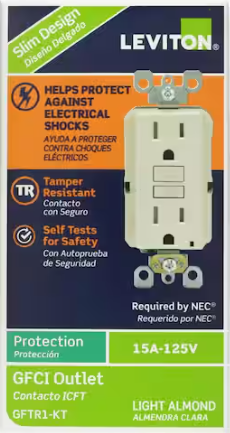Leviton 15 Amp 125-Volt Duplex SmarTest Self-Test SmartlockPro Tamper Resistant GFCI Outlet, Light Almond GFTR1-KT