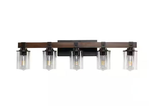 Amucolo 34.6 in. 5-Light Walnut Farmhouse Vanity Light Fixture Rustic Bathroom Light Fixture Bathroom Sconce (Without Bulbs)