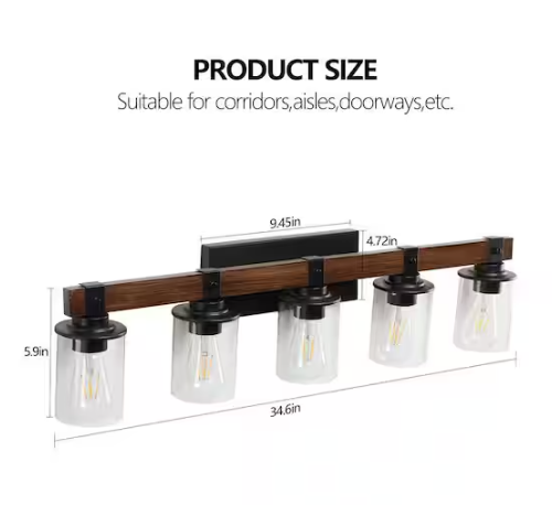 Amucolo 34.6 in. 5-Light Walnut Farmhouse Vanity Light Fixture Rustic Bathroom Light Fixture Bathroom Sconce (Without Bulbs)