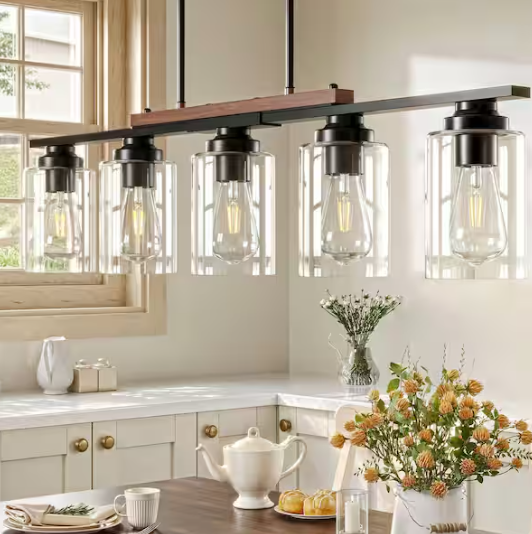 Merra 60-Watt 5 Light Matte Black Kitchen Island Linear Pendant Light Fixture with Clear Glass Shade