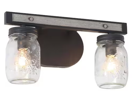 LOUGHEED DECOR INC Farmhouse 13 in. 2-Light Dark Gray Vanity Light with Clear Glass Mason Jar Shades