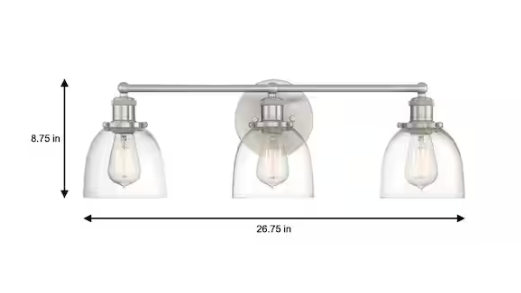 Home Decorators Collection Evelyn 26.75 in. 3-Light Brushed Nickel Vanity Light with Clear Glass Shades