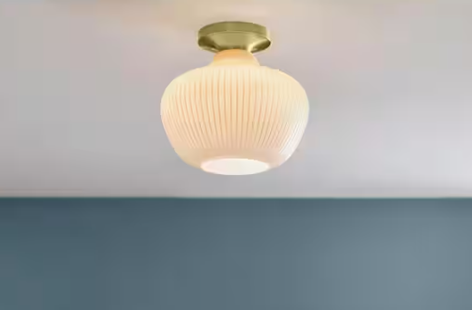 Home Decorators Collection Pompton 12 in. 1-Light Gold Semi-Flush Mount Ceiling Light Fixture with White Ribbed Glass