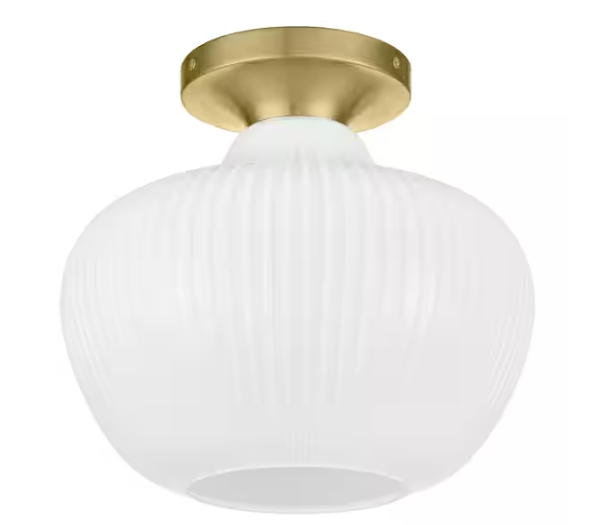 Home Decorators Collection Pompton 12 in. 1-Light Gold Semi-Flush Mount Ceiling Light Fixture with White Ribbed Glass