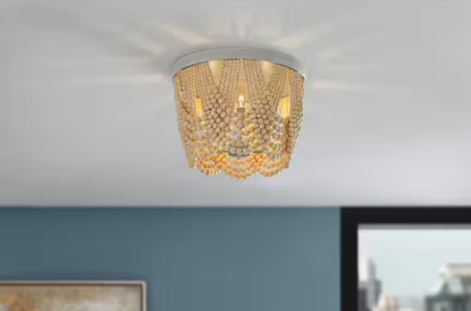 Home Decorators Collection Harlan 15 in. 3-Light Brushed Grey Flush Mount with Natural Real Wood Beads